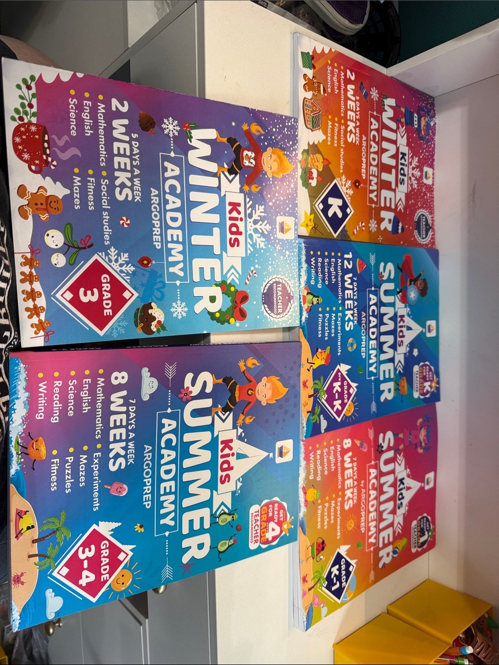 5 Kids Summer & Winter Academy Learning Workbooks - Bright Blue & Purple Covers